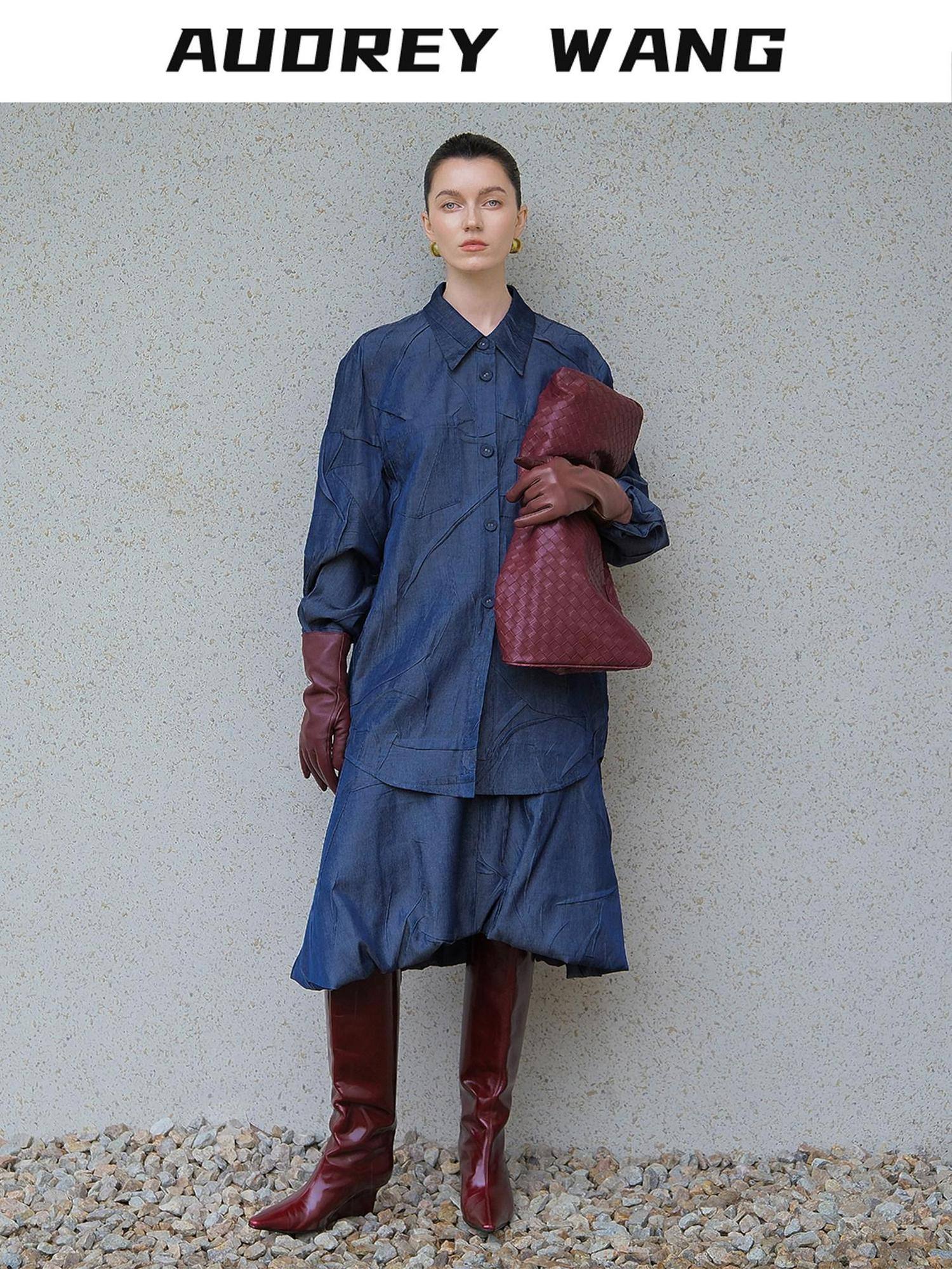 audreyyang Original Loose Pleated Faux Denim Collared Long Sleeve Girls Top & Skirt Sets