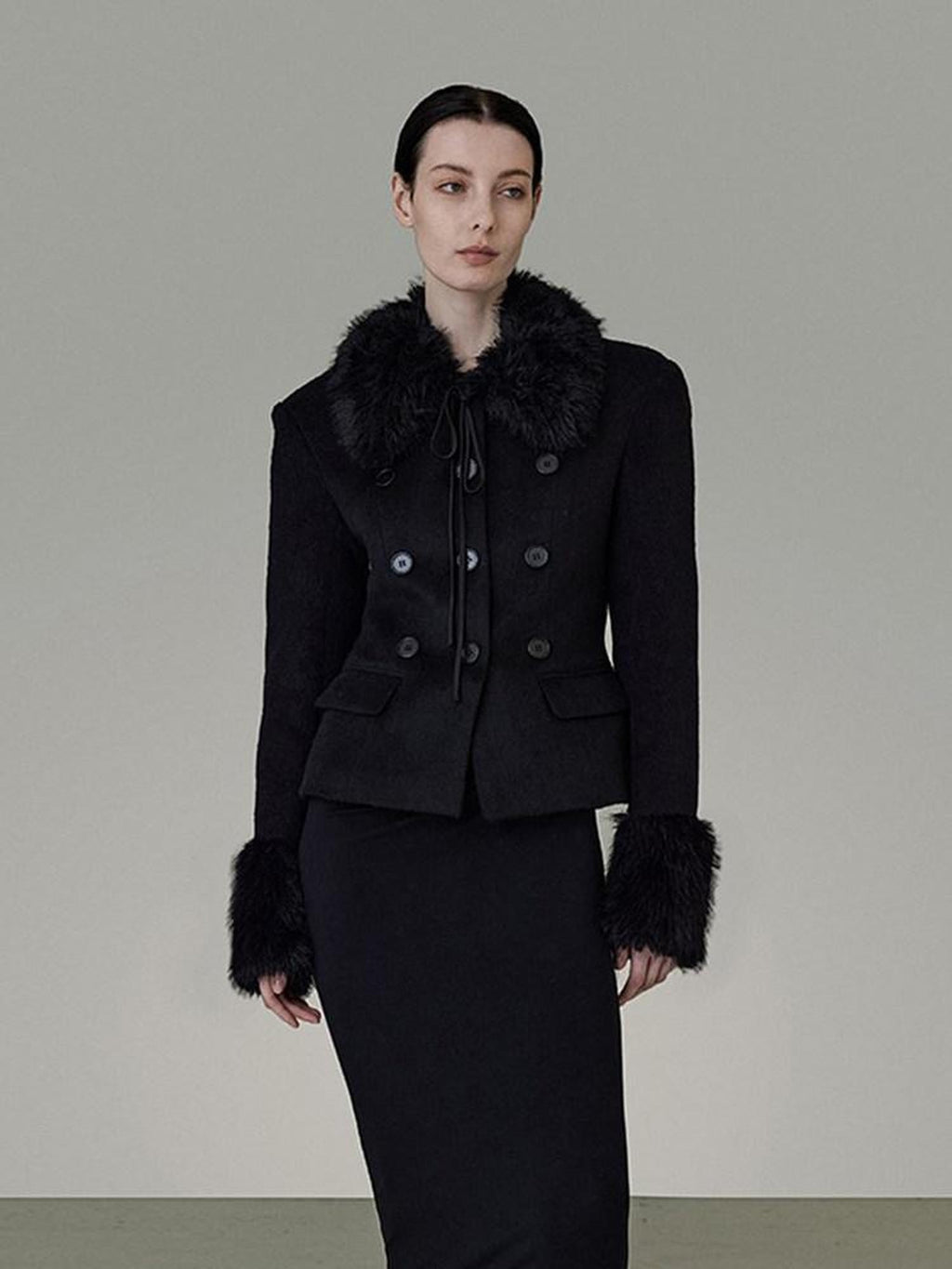 unspoken Warm Wool Blend Slim Fit Button Front Women Black Long Sleeve Cropped Jackets