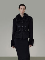 unspoken Warm Wool Blend Slim Fit Button Front Women Black Long Sleeve Cropped Jackets