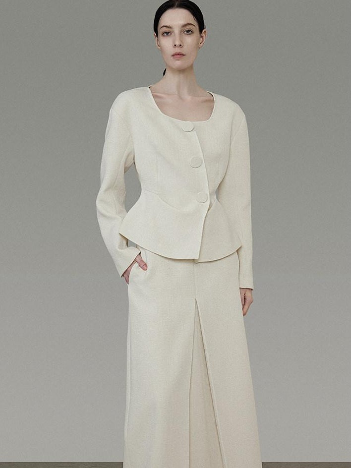 unspoken Slim Office Button Front Long Sleeve Cream Polyester Women Top & Skirt Sets
