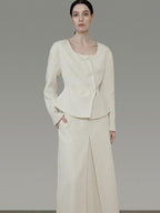 unspoken Slim Office Button Front Long Sleeve Cream Polyester Women Top & Skirt Sets