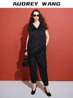 audreyyang Polyester V-neck Mid Length Loose Fit Single Wear Women Casual Vests