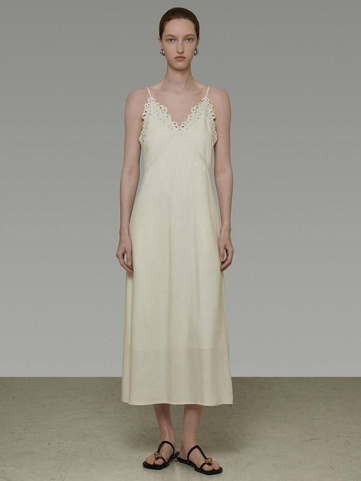 unspoken Embroidered Tencel A Line Cami V-neck Natural Waist Office White Maxi Dresses