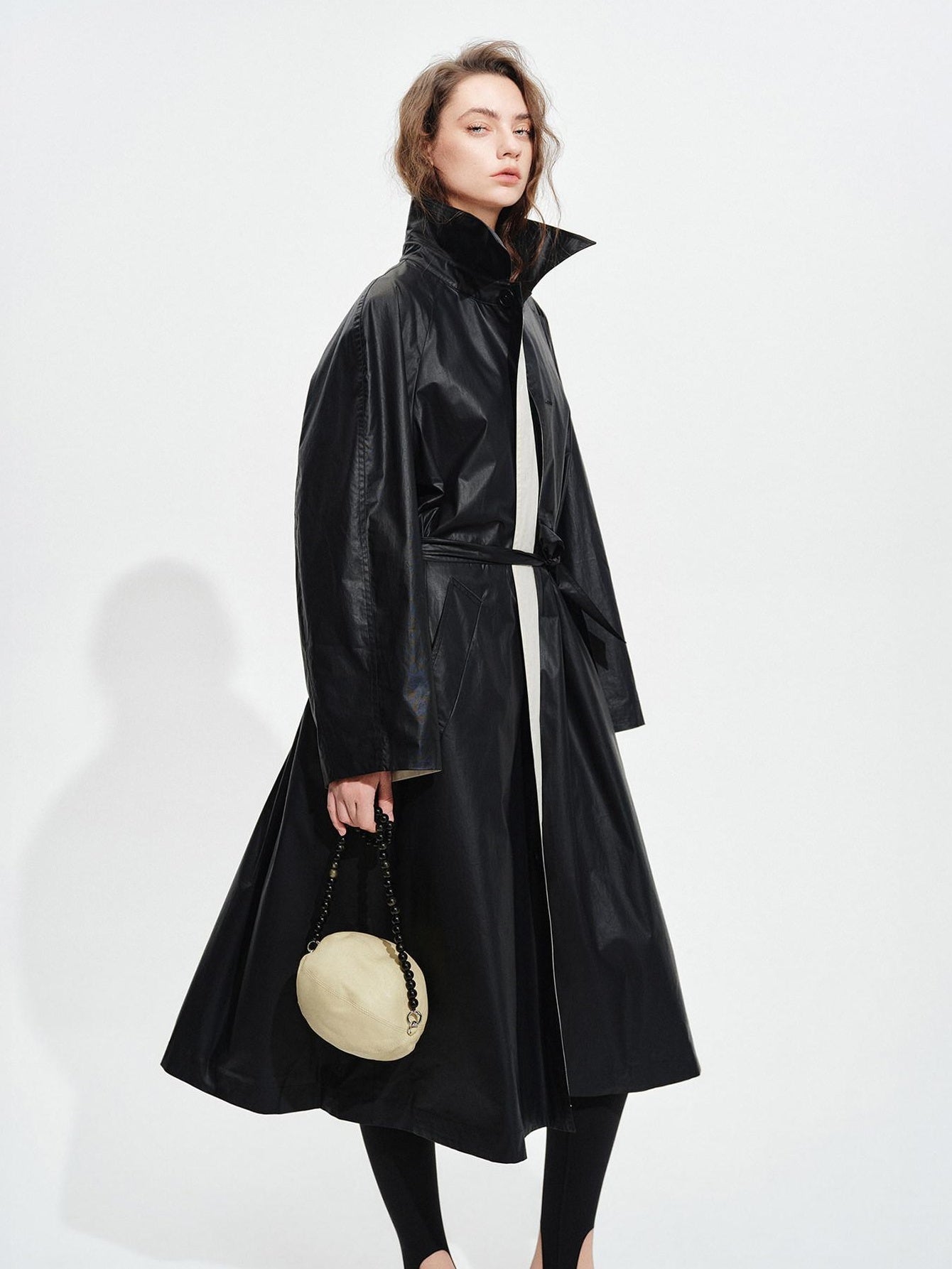 audreyyang Detachable Belt Pure Cotton Loose Long Single Breasted Women Black Trench Coats