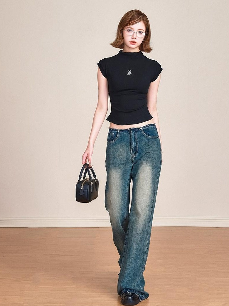 ikyou 3D Embellished Slim Fit Mock Neck Commuter Cotton Short Sleeve T-Shirts