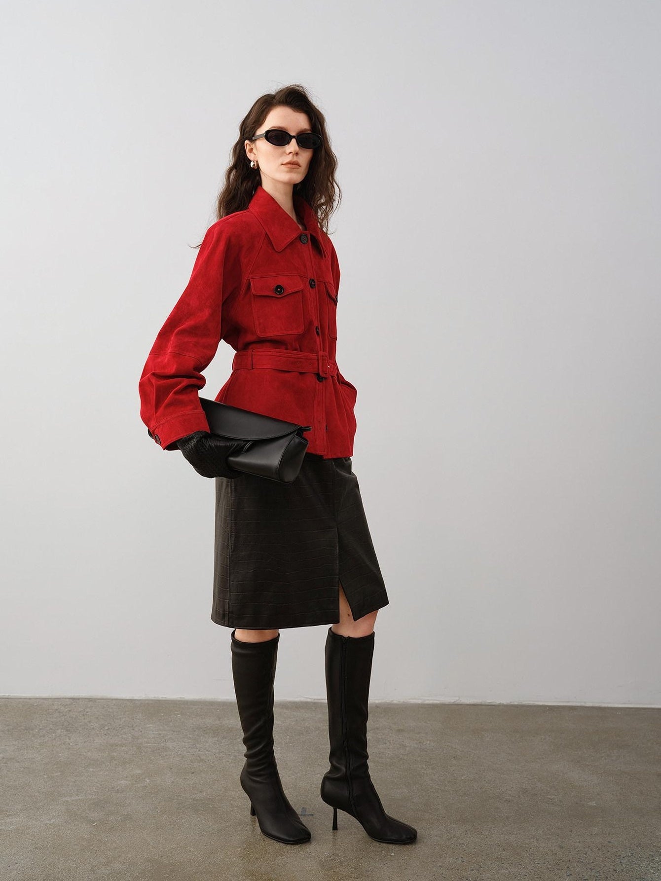 audreyyang Premium Sheepskin Mid Waist Straight Front Slit Black Women Leather Midi Skirts