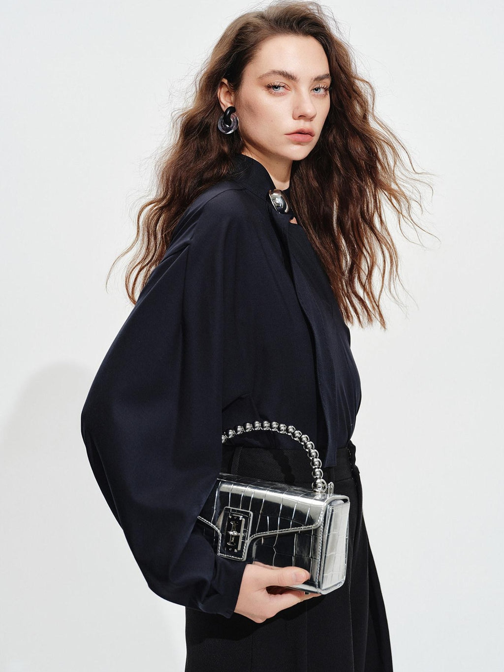 audreyyang Shape Retaining Loose Long Lantern Sleeve Pullover Navy Polyester Women Blouses