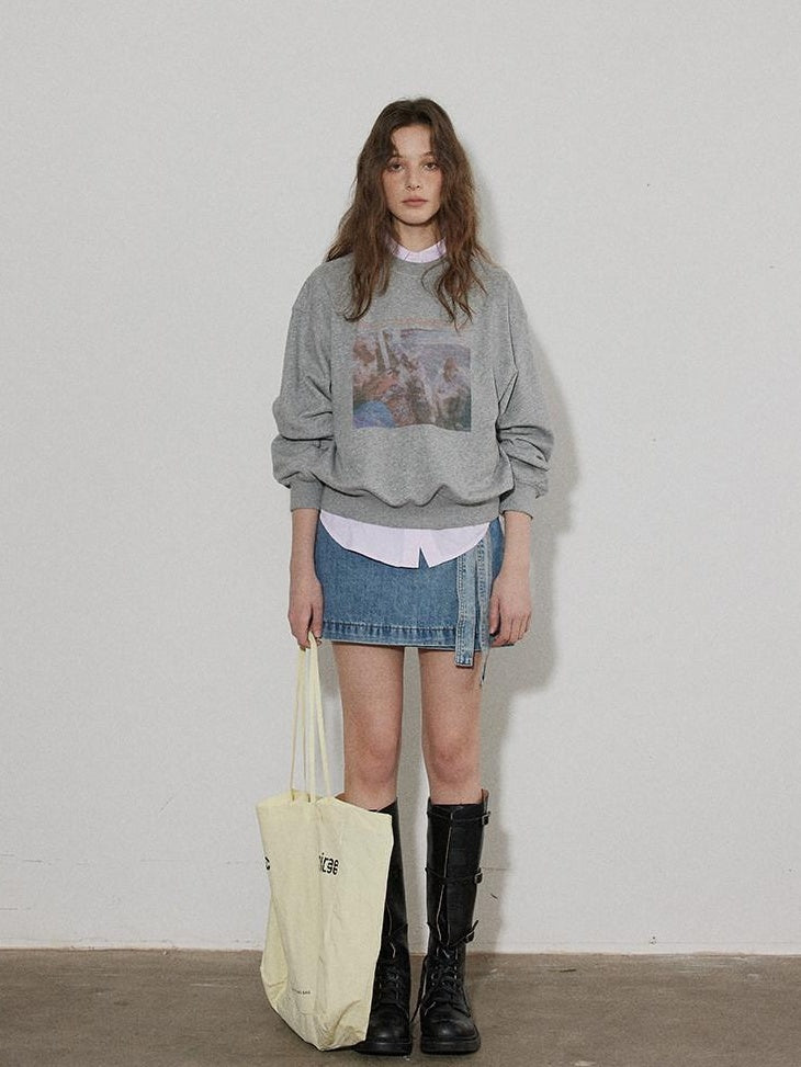 Lofi choose Vintage Print Loose Fit Drop Shoulder Crew Neck Women Pullover Sweatshirt