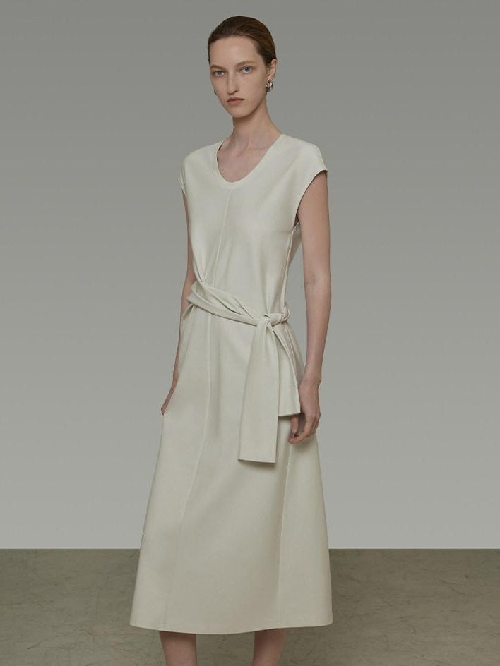 unspoken Cotton Blend Tie Waist Minimalist Commuter Short Sleeve U Neck Maxi Dresses