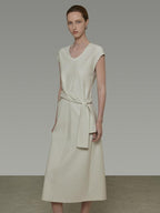 unspoken Cotton Blend Tie Waist Minimalist Commuter Short Sleeve U Neck Maxi Dresses
