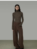unspoken High Waist Pocketed Minimalist Office Brown Polyester Blend Wide Leg Pants