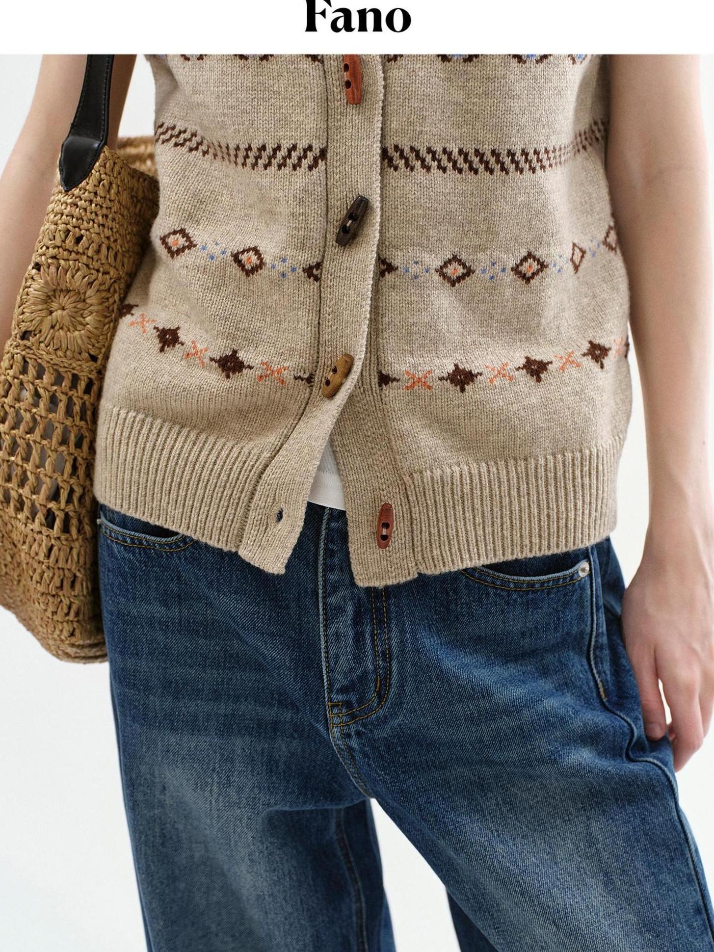 fano Breathable Knitted Wool Blend Geo Round Neck Button Loose Fit Commuter Vests