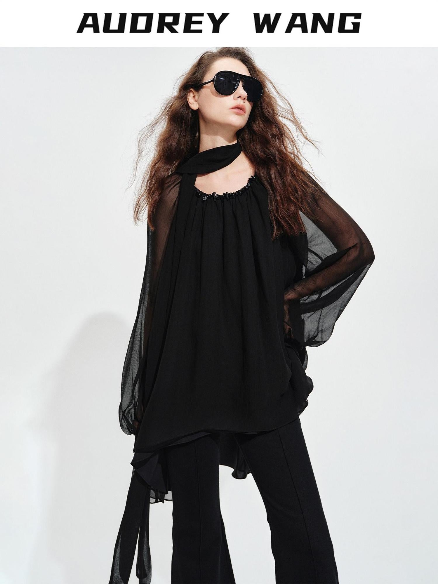 audreyyang Beaded Silk Elegant Loose Lantern Sleeve Tie Neck Black Midi Dresses