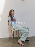 Lofi choose Office Relaxed Printed Round Neck Women Light Blue Short Sleeve T-Shirts