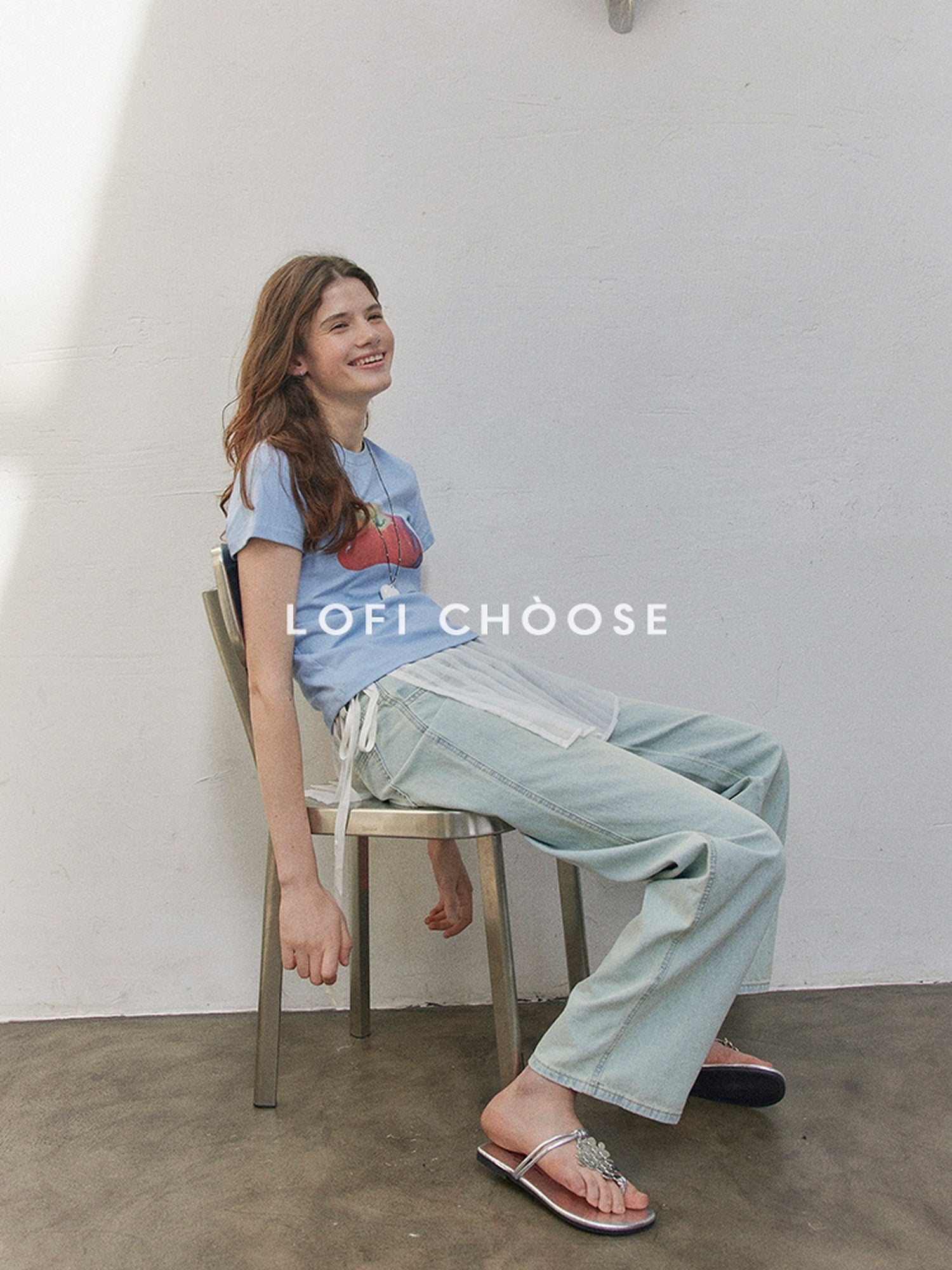Lofi choose Office Relaxed Printed Round Neck Women Light Blue Short Sleeve T-Shirts