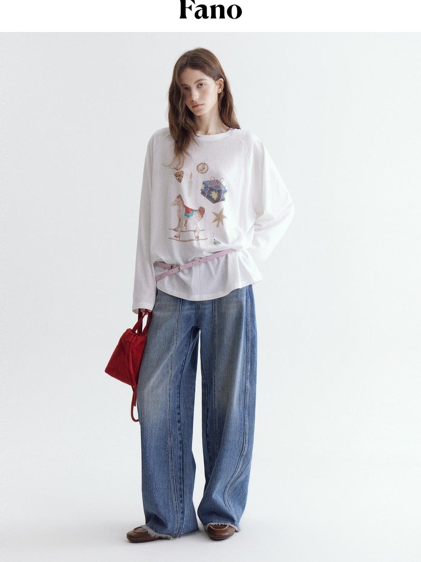 fano Cotton Blend Printed Crewneck Loose Fit Women White Long Sleeve T-Shirts