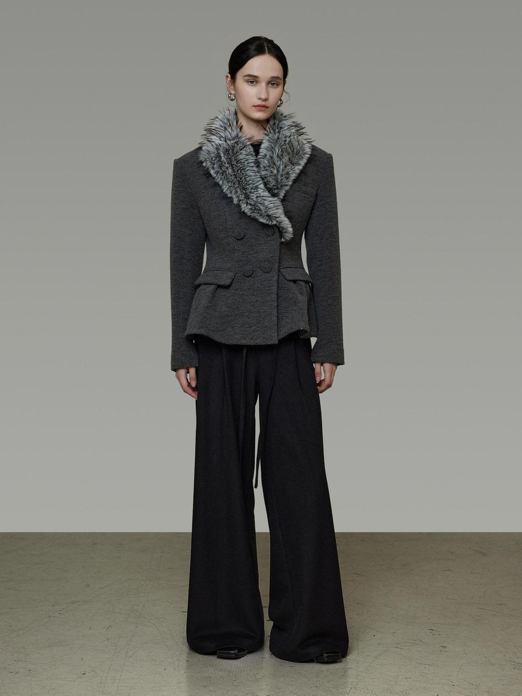 unspoken Wool Blend Double Breasted Slim Lapel Tailored Minimal Workwear Gray Short Coat