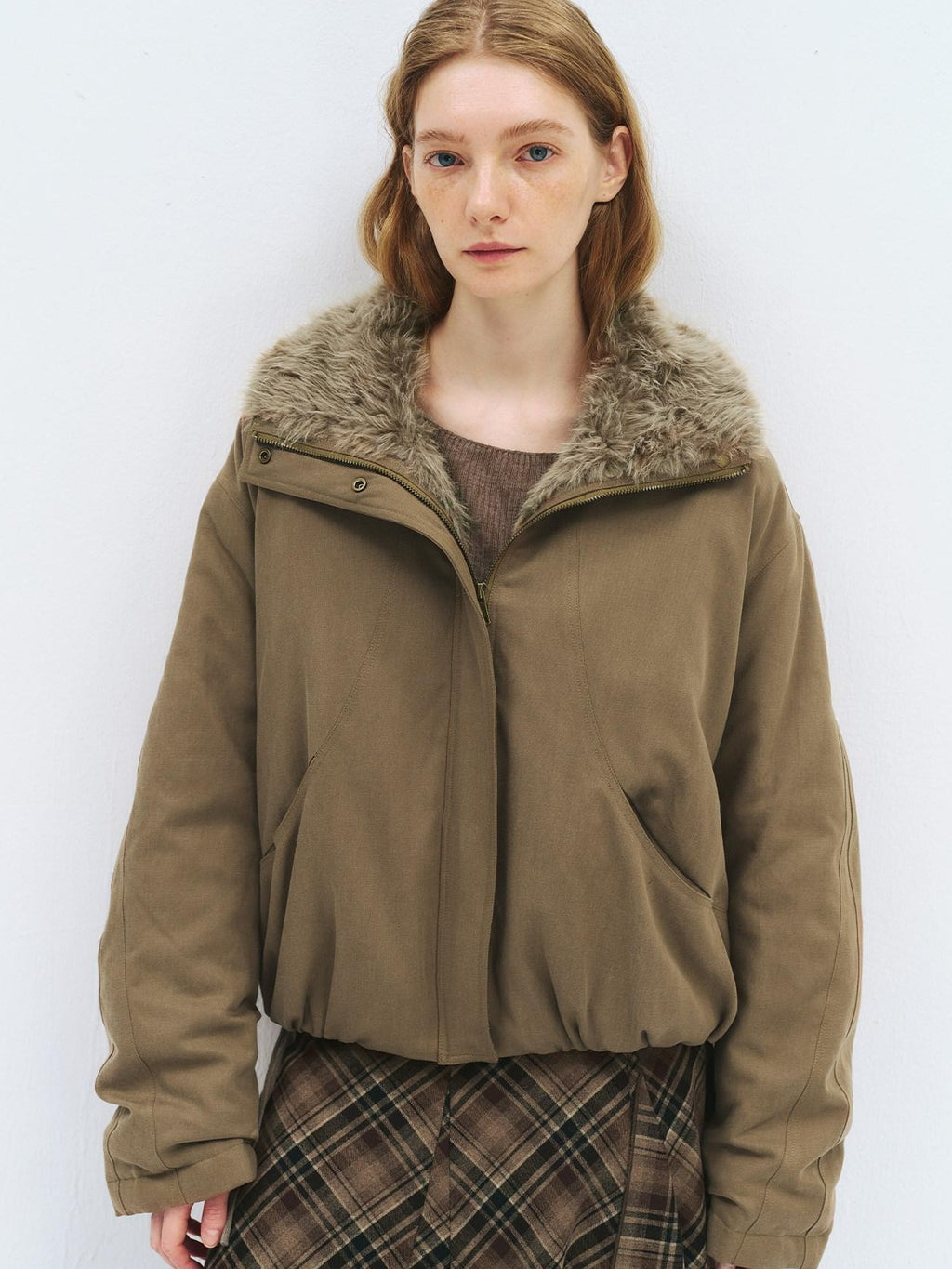 someonesometimes Lyocell Cotton Blend Relaxed Stand Collar Zip Women Beechwood Green Short Coat