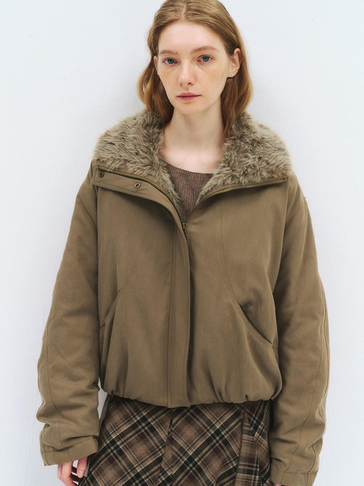 someonesometimes Lyocell Cotton Blend Relaxed Stand Collar Zip Women Beechwood Green Short Coat