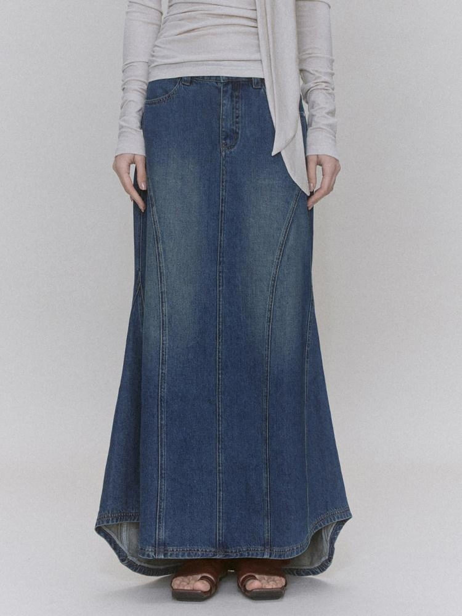 someone sometimes Distressed Low Waist Workwear Aline Fishtail Womens Denim Maxi Skirts