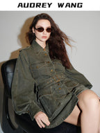 audreyyang Pure Cotton Relaxed Utility Button Women Military Green Denim Jackets