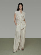 unspoken Breathable Linen Blend Sleeveless V-neck Tie Front Loose Fit Work White Blouses