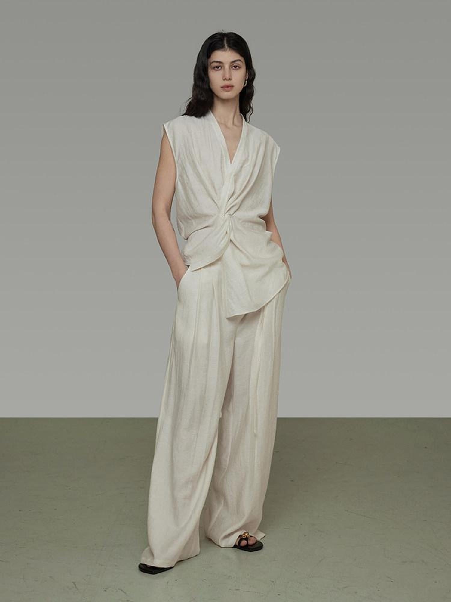 unspoken Breathable Linen Blend Sleeveless V-neck Tie Front Loose Fit Work White Blouses
