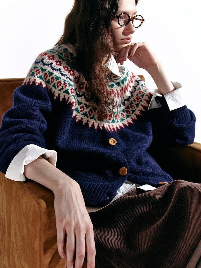 fano 100 Percent Wool Loose Fit Button Front Commuter Crew Neck Knit Cardigans