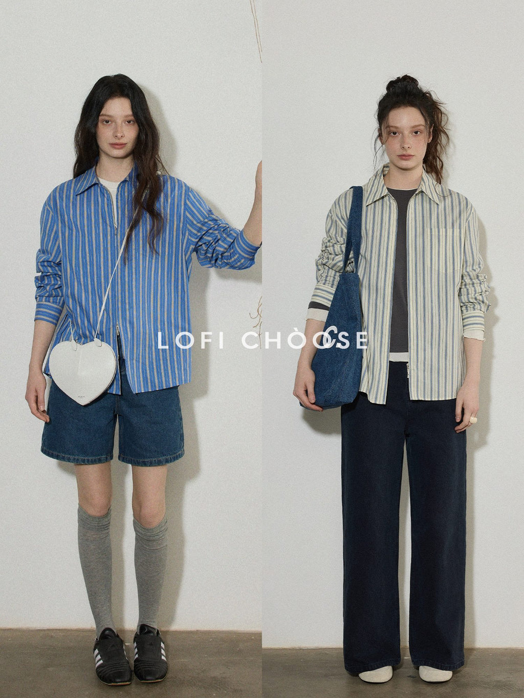 Lofi choose Cotton Blend Colorblock Loose Fit Striped Lapel Zip Women Work Shirts