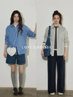 Lofi choose Cotton Blend Colorblock Loose Fit Striped Lapel Zip Women Work Shirts