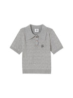 ikyou 3D Embellishment Slim Fit Henley Neck Women Solid Grey Knit Basic Crop Tops