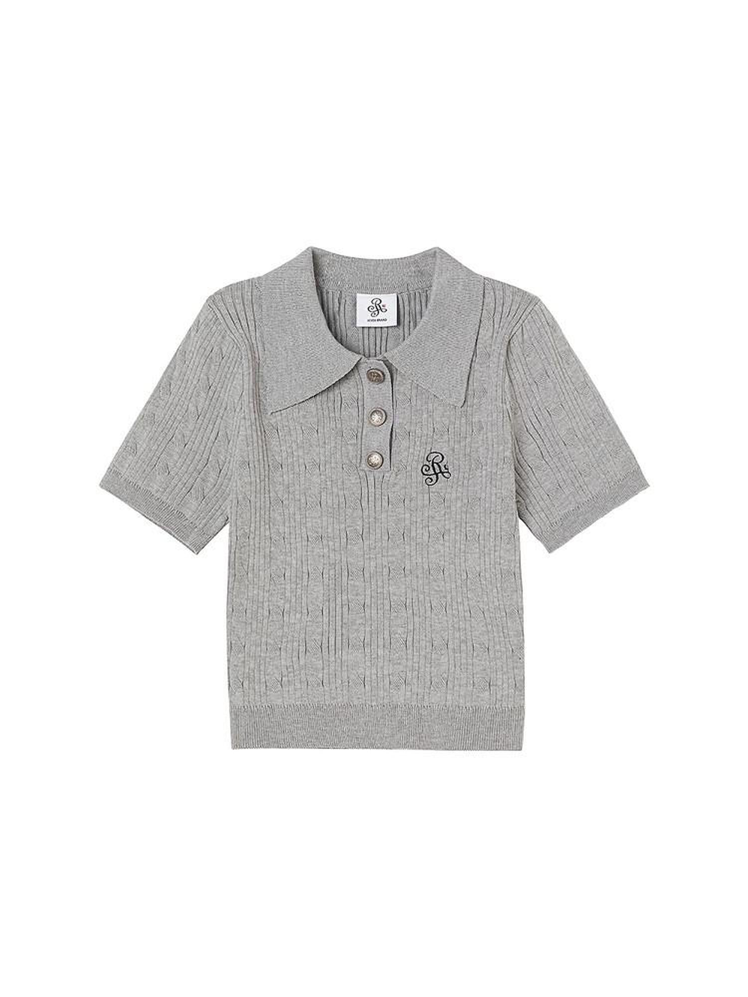 ikyou 3D Embellishment Slim Fit Henley Neck Women Solid Grey Knit Basic Crop Tops