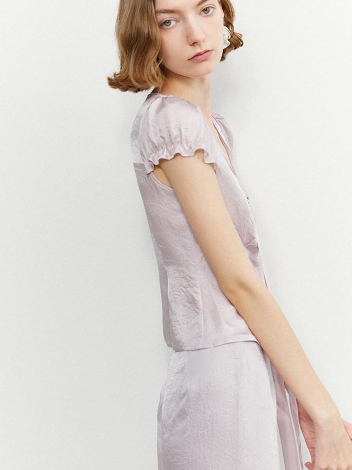 someone sometimes Tie Front V-neck Puff Sleeve Slim Casual Love Print Acetate Women Blouses