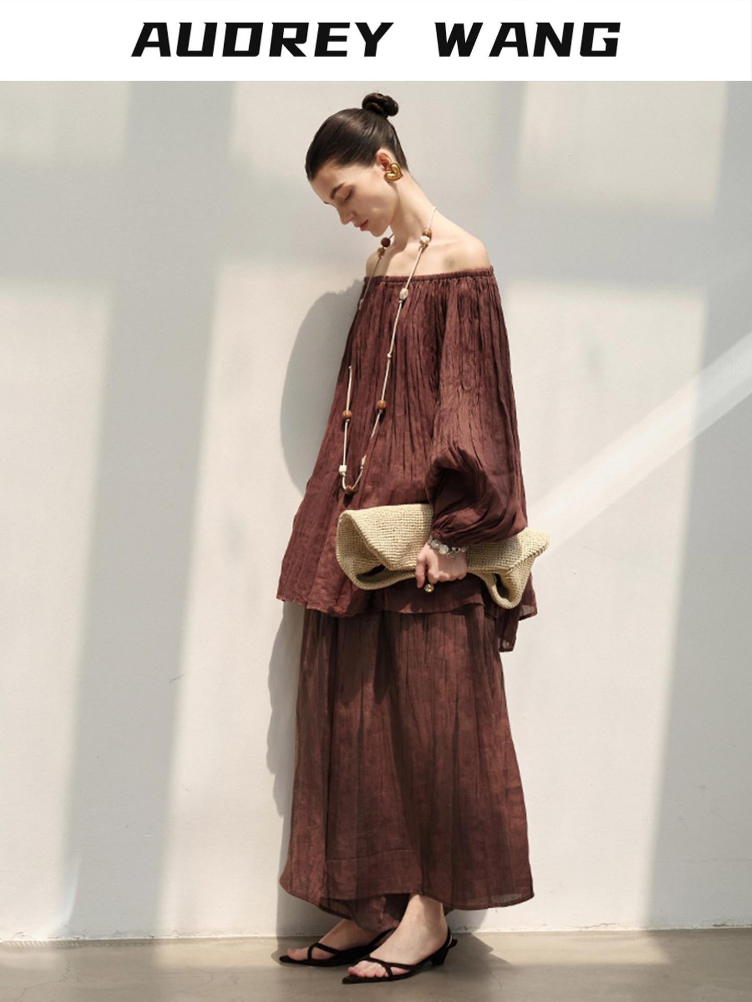 audreyyang Linen Long Sleeve Vintage Loose Round Neck Dusty Rose Women Top & Skirt Sets