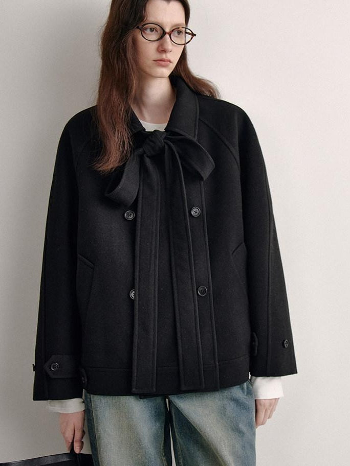 fano Elegant Double Breasted Bow Minimal Straight Fit Black Women Short Coat