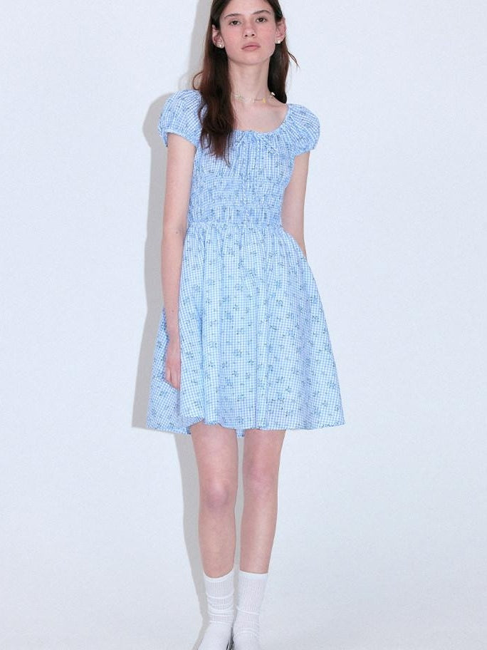 fano Sweet High Waist Puff Sleeve A Line Floral Square Neck Poly Cotton Midi Dresses