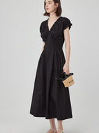 fano Pleated High Waist A Line V-neck Flutter Sleeves 100% Cotton Casual Maxi Dresses