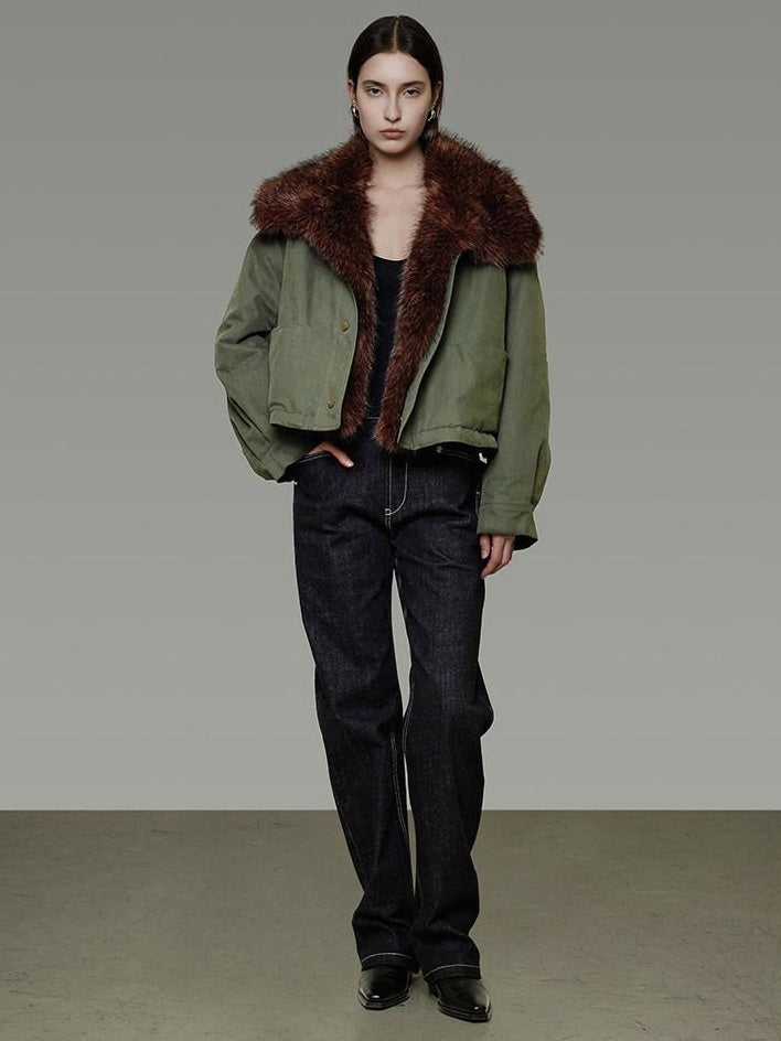 unspoken Fur Collar Short Single Breasted Office Olive Green Long Sleeve Cropped Jackets