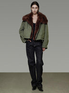 unspoken Fur Collar Short Single Breasted Office Olive Green Long Sleeve Cropped Jackets