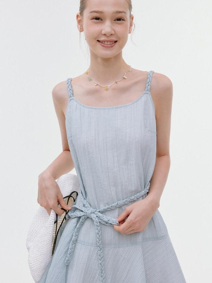 fano Elegant High Waist Aline Sleeveless Tie Waist Lyocell Light Blue Midi Dresses