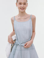 fano Elegant High Waist Aline Sleeveless Tie Waist Lyocell Light Blue Midi Dresses