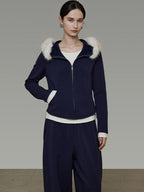 unspoken Warm Slim Fit Zip Hooded Cardigan High Waist Commuter Polyester Navy Lounge Sets