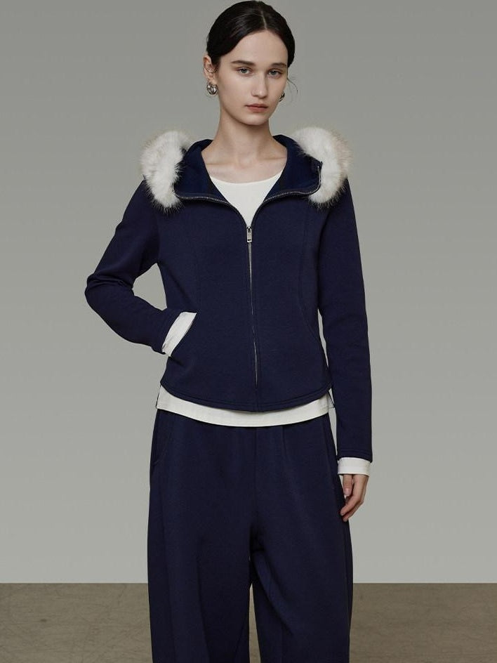 unspoken Warm Slim Fit Zip Hooded Cardigan High Waist Commuter Polyester Navy Lounge Sets