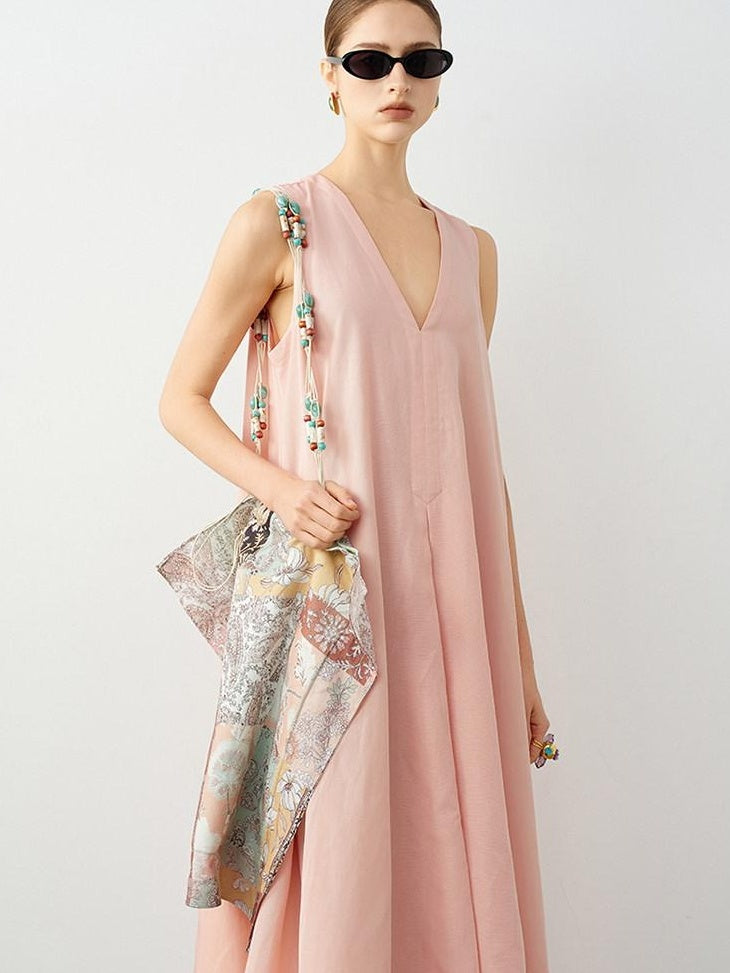 audreyyang Linen Blend V-neck Sleeveless A Line Casual Pink Maxi Dresses