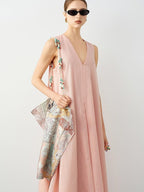 audreyyang Linen Blend V-neck Sleeveless A Line Casual Pink Maxi Dresses