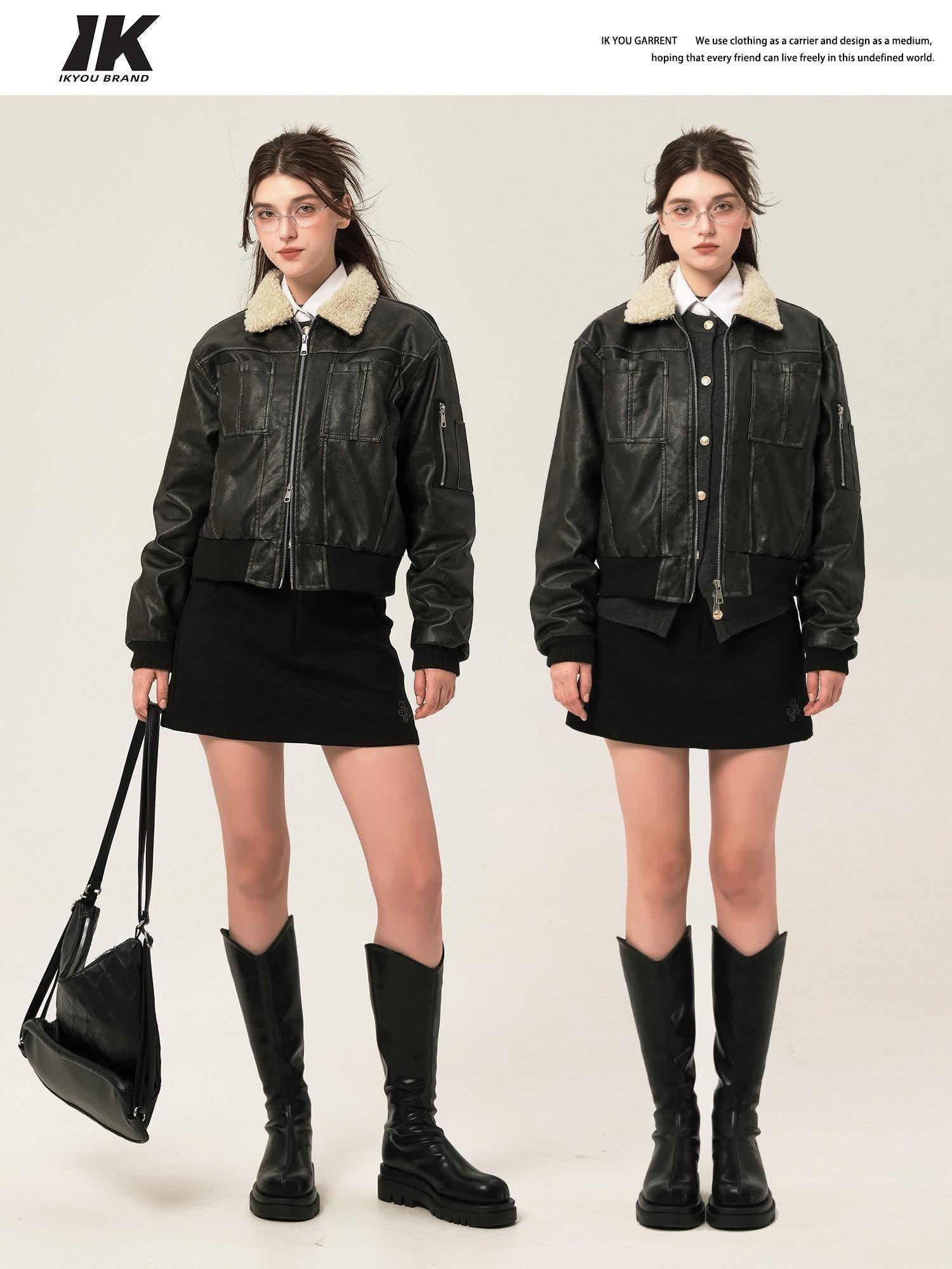 ikyou Thick Distressed Pu Patchwork Straight Zip Pockets Minimalist Leather Jackets