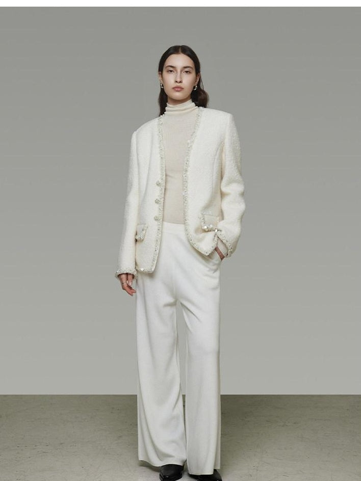 unspoken Soft Ivory Wool Blend Tailored Slim V-neck Long Sleeve Commuter Cardigans