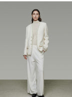 unspoken Soft Ivory Wool Blend Tailored Slim V-neck Long Sleeve Commuter Cardigans