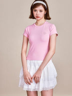 ikyou Pure Cotton Embroidered Slim Fit Short Sleeve Crew Neck Casual Basic Crop Tops