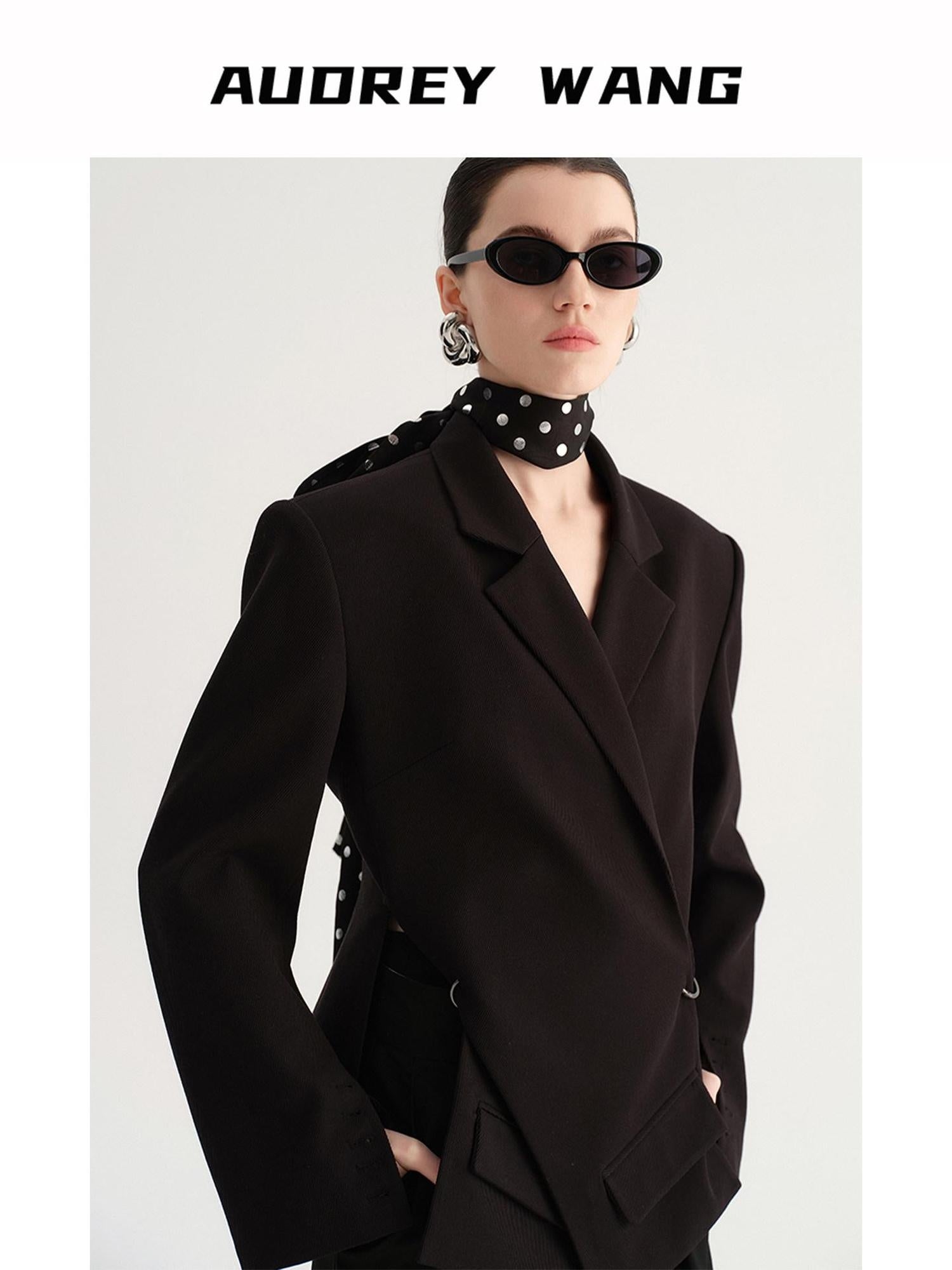 audreyyang Crossover Waist Office Relaxed Fit Women Double Breasted Black Blazers